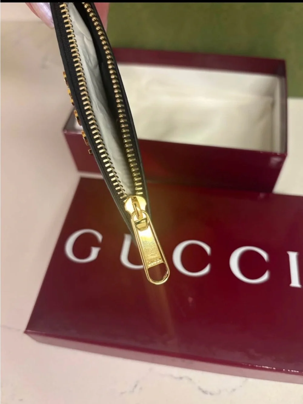 Gucci Black Saffiano Leather Zip Card Case Key Pouch with Gold Chain
